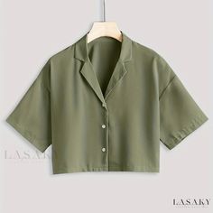 Lasaky - Professional Womens Short Sleeve Button-Up Shirt with Lapel Collar Shirting Fabric, Boho Shirt, Cropped Style, Crop Blouse, Style Boho, Button Front Shirt, Short Sleeve Button Up, Crop Shirt, Chest Pad