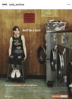 a woman sitting on a stool in front of a washer and dryer with the caption don't be a local