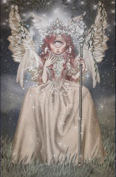 an angel with wings holding a staff in the grass