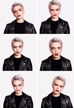 four different pictures of a woman with white hair and red lipstick, wearing black leather jacket