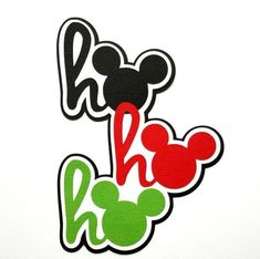 two mickey mouse stickers with the word h and m in red, green and white