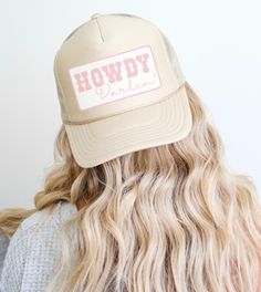 Howdy Darlin' Trucker Hat One Size Fits Most Foam and mesh with adjustable snapback Tan Hat with Pink and White design Country Style Adjustable Trucker Hat With Curved Bill, Adjustable Mesh Baseball Cap, Trendy Mesh Trucker Hat With Adjustable Fit, Trendy Adjustable Mesh Trucker Hat, Adjustable Mesh Hat With Letter Print, Curved Brim Mesh Hats With Letter Print, Pink Mesh Hat With Curved Brim, Trucker Hat Country, Womens Trucker Hat