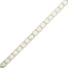 Wrap your wrist in a classic style with this magnificent diamond tennis bracelet in yellow gold. Created in 14K gold Diamonds - the largest being 1/4 ct. each - sparkle in endless line. Wear this style solo or layered with other bracelets. Breathtaking with 9 cts. t.w. of diamonds This 7.25-inch bracelet secures with a box clasp. Classic Gold Tennis Bracelet, Brilliant Cut, Classic Gold Tennis Bracelet With Brilliant Cut, Gold Cubic Zirconia Tennis Bracelet With Prong Setting, Timeless Gold Tennis Bracelet With Single Cut Diamonds, Gold Tennis Bracelet With 17 Round Cut Jewels, Classic Gold Tennis Bracelet With Diamond Accents, Classic Gold Diamond Bracelet With Prong Setting, Gold Diamond Tennis Bracelet With Round Cut, Gold Diamond Tennis Bracelet For Formal Occasions