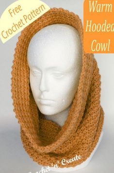 a white mannequin head wearing a brown knitted cowl with the words free crochet pattern on it