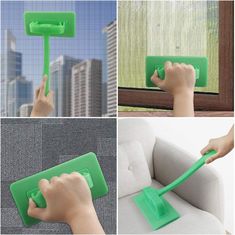 four pictures showing different ways to clean windows with mop and squirt attachments