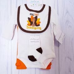 Brand: Starting Out My First Thanksgiving Outfit 4 Piece Set Includes Bodysuit, Pant, Bib And Socks 100% Cotton- New With Tags Size Size 3 Months Bodysuit Pant, Anchor Clothes, Whale Dress, My First Thanksgiving, Christmas Suit, Overalls Outfit, First Thanksgiving