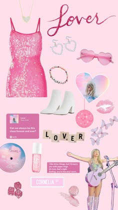 a collage of pink and white items with the words love on them, including shoes,