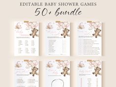 the printable baby shower game is shown with teddy bears and balloons on it's back