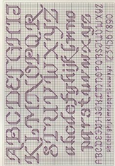 a cross stitch pattern with the words and numbers in purple ink on white paper,