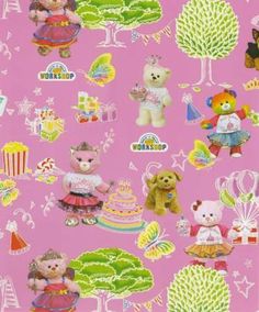 a pink background with teddy bears and other things on it's surface, including trees