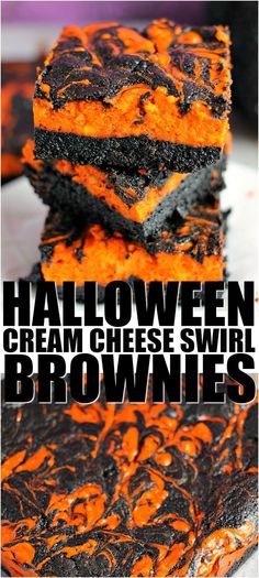 halloween cream cheese swirl brownies stacked on top of each other with text overlay