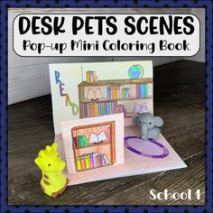 a card with an elephant and a bookcase on it that says desk pets scenes pop - up mini coloring book