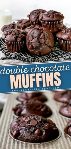 double chocolate muffins on a cooling rack with the words double chocolate muffins above them