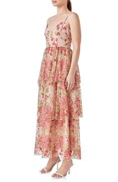 Elegant floral embroidery lends plenty of romance to a flowy maxi dress fashioned with lovely scalloped tiers. V-neck Adjustable straps Lined 100% polyester Hand wash, dry flat Imported Flowy Maxi Dress, Tiered Maxi Dress, Pink Maxi Dress, Style Maxi Dress, Elegant Floral, Nordstrom Dresses, Floral Embroidery, Adjustable Straps, Top Brands