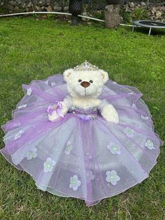 a teddy bear wearing a purple tutu sitting in the grass with a tiara on