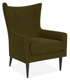 a green chair with dark wood legs