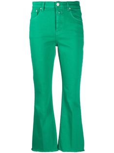 emerald green stretch organic cotton belt loops mid-rise bootcut cropped leg concealed fly and button fastening classic five pockets raw-cut hem Conscious: This item is made from at least 50% organic materials Spring Green Mid-rise Flare Jeans, Green Wide Leg Flare Jeans With Five Pockets, Green Wide Leg Cotton Flare Jeans, Green Straight Leg Flare Jeans, Mid-rise Green Cotton Flare Jeans, Green Wide Leg Flare Jeans, Green Mid-rise Cotton Flare Jeans, Green Cotton Wide-leg Flare Jeans, Green Flare Jeans With Five Pockets For Spring