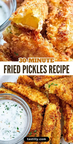 fried pickles with ranch dip in the middle and an image of dipping sauce on the side