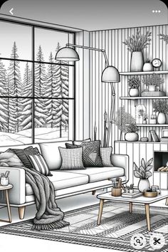 a black and white drawing of a living room with couches, coffee table, potted plants and bookshelves