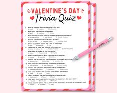 the valentine's day trivia quiz is shown with a pen in front of it