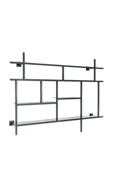 a black metal shelf with two shelves on each side and one shelf above the other