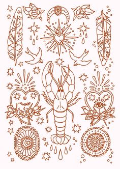 a drawing of a lobster surrounded by other symbols and things that are drawn on paper