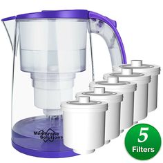 five water pitchers are lined up in front of each other with the 5 filters attached