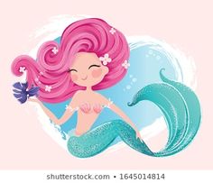 a mermaid with pink hair holding a flower in her hand and sitting on top of a wave