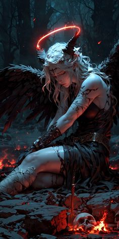 an angel sitting on the ground with her wings spread out, surrounded by fire and rocks