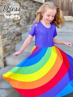 Gorgeous rainbow twirly dress with purple color block on top. This one is buttery soft and super comfortable. The rainbow makes a really cool optical illusion when your girl spins. All our dresses have no elastic on the waist so there is no itchy seams. Sizes 2-10/12. $34, free shipping in the USA as always!! All our dresses are in stock and ship same day. Join our Facebook group or follow us on Facebook and Instagram for more information on new releases and sales: Facebook business page: https: Peppa Pig Dress, Dress Twirl, Party Dress Inspiration, Dress Half Sleeve, Pig Dress, Purple Color Block, Twirly Dress, Purple Rainbow, Rainbow Outfit