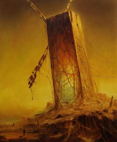 a painting of a large structure with chains hanging from it's sides, in the middle of an orange sky