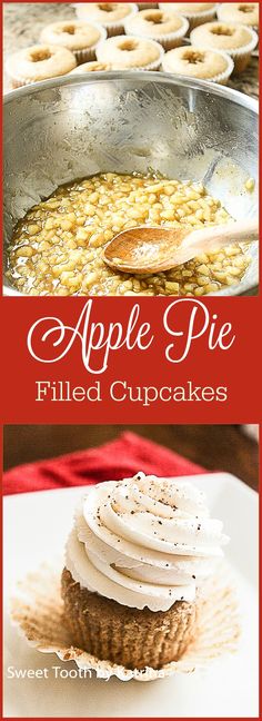 apple pie filled cupcakes with whipped cream frosting on top and in the background