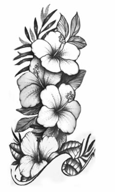 a drawing of flowers with leaves on the bottom and one flower on the top, in black and white