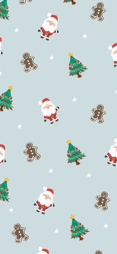 a blue christmas wallpaper with santa claus and tree on it's back ground