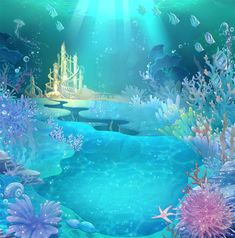 an underwater scene with blue water and corals