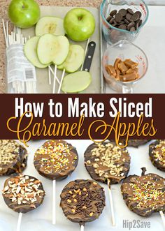 an image of caramel apples on sticks with chocolate and nuts for toppings in the background