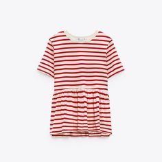 Red Cream Striped Print Zara Peplum Ruffle Hem Short Sleeve T-Shirt Top Chic Striped Short Sleeve T-shirt, Chic Striped T-shirt For Summer, Summer Crew Neck Blouse With Ruffle Hem, Summer Short-sleeve Top With Ruffle Hem, Summer Short Sleeve Top With Ruffle Hem, Chic Crew Neck Tops With Ruffle Hem, Casual Short Sleeve Top With Ruffle Hem, Red Summer Crew Neck Blouse, Red Casual Tops With Ruffle Hem