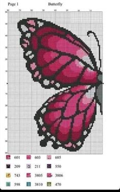 a cross stitch pattern with a pink butterfly