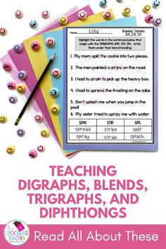 two sheets of paper with the words teaching diggraphs, blends and diphtings