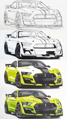 three different colored sports cars are shown in this drawing technique, one is yellow and the other is white