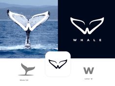 the whale logo is shown in three different colors and styles, including black, white, and blue