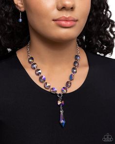 Featuring an opalescent, UV shimmer, faceted blue beads flicker and flash along a silver chain as it extends below the neckline, leading the eye to a faceted, prismatic bead for a finishing touch of shimmer. Features an adjustable clasp closure. Due to its prismatic palette, color may vary. SKU: P2ST-BLXX-272XX Iridescent Crystal Jewelry With Faceted Beads, Palette Color, Paparazzi Accessories, Blue Beads, The Eye, Silver Chain, Flash, Beads, Chain