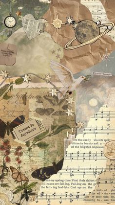 an altered collage with music notes, flowers and birds in the sky on top of sheet music