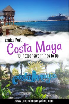 an advertisement for costa mayoa with the words cruise port and beach in the background