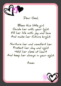 a poem written in pink and black with two hearts on the bottom, one saying dear god