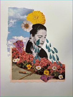 a collage of a woman's face with flowers and raindrops on her head