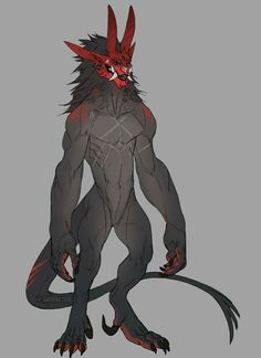 a drawing of a demon with red eyes and horns on it's head, standing in