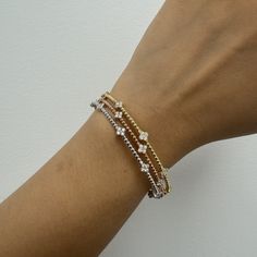 Real Natural Diamond Bracelet, Beaded Flexible Bangle, Flower Cluster, 14k Solid Yellow White Rose Gold. Flexible Diamond Bangle. This bangle is loose fit.  1. 6 inch bangle fits 6-7 inch. (6 Inch bangle will take 2-3 weeks to be shipped)  2. 7 inch bangle fits 7-8 inch.  This beautiful flexible tennis bangle is perfect for every day wear and can be stacked with other bracelets. Choose your gold color preference. This makes the perfect gift for Graduations, Birthdays, Anniversaries, Christmas, Hanukkah, Weddings.  *Specs of Bangle in Pictures* *Bangle Details* Bracelet Type : Flexible Diamond Bangle Bracelet Closure: Open Box Metal Type : 14K Rose Gold Metal Weight : 4.66 grams  *Diamond Details* Type : Natural Diamonds Shape : Round Brilliant Cut Setting: Prong Carats: 0.45 carats Color : Elegant Beaded Bracelets With Flower Charm And Round Beads, Elegant Gold Beaded Bracelet With Flower Charm, Rose Gold Beaded Bangle Bracelets, Delicate Stackable Rose Gold Bracelets, Delicate Rose Gold Stackable Bracelets, Elegant Beaded Bracelets With Flower Charm, Dainty Rose Gold Flower-shaped Bracelets, Dainty White Gold Flower Bracelet, Dainty Rose Gold Flower Bracelets