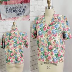 Vintage 80-90s Blouse, pink flowers with green leafy print. cotton fabric. button front, short sleeves, good vintage condition, shoulderpads straight hem. cotton blend Fabric does NOT stretch Size:  Bust 42 Top Length 24 bicep 14 Remember to allow some fitting ease/breathing room, body should measure smaller than the garment for intended fit. Retro Blouse, Vintage Dress 60s, 90s Floral, Mesh Blouse, Rayon Shirt, Button Front Top, Collared Shirt, Green Shorts, Camping Shirt