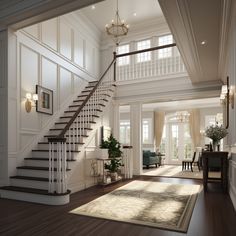 a living room filled with furniture and a stair case